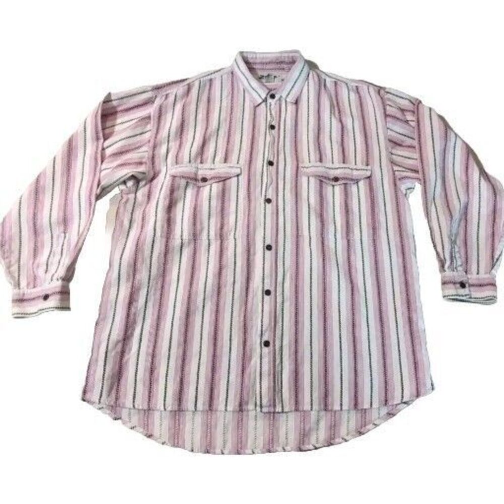 Vintage Men Zeppelin Brand Striped Pink Black Button Up Long Sleeve Size XLarge